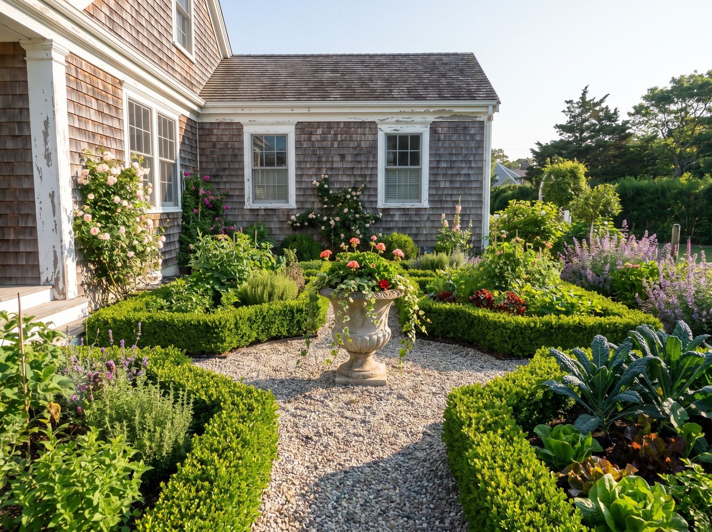 Boxwood Potager Garden with Stone Urn