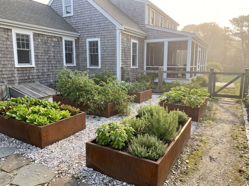 Corten Raised Beds Beside Shingle House