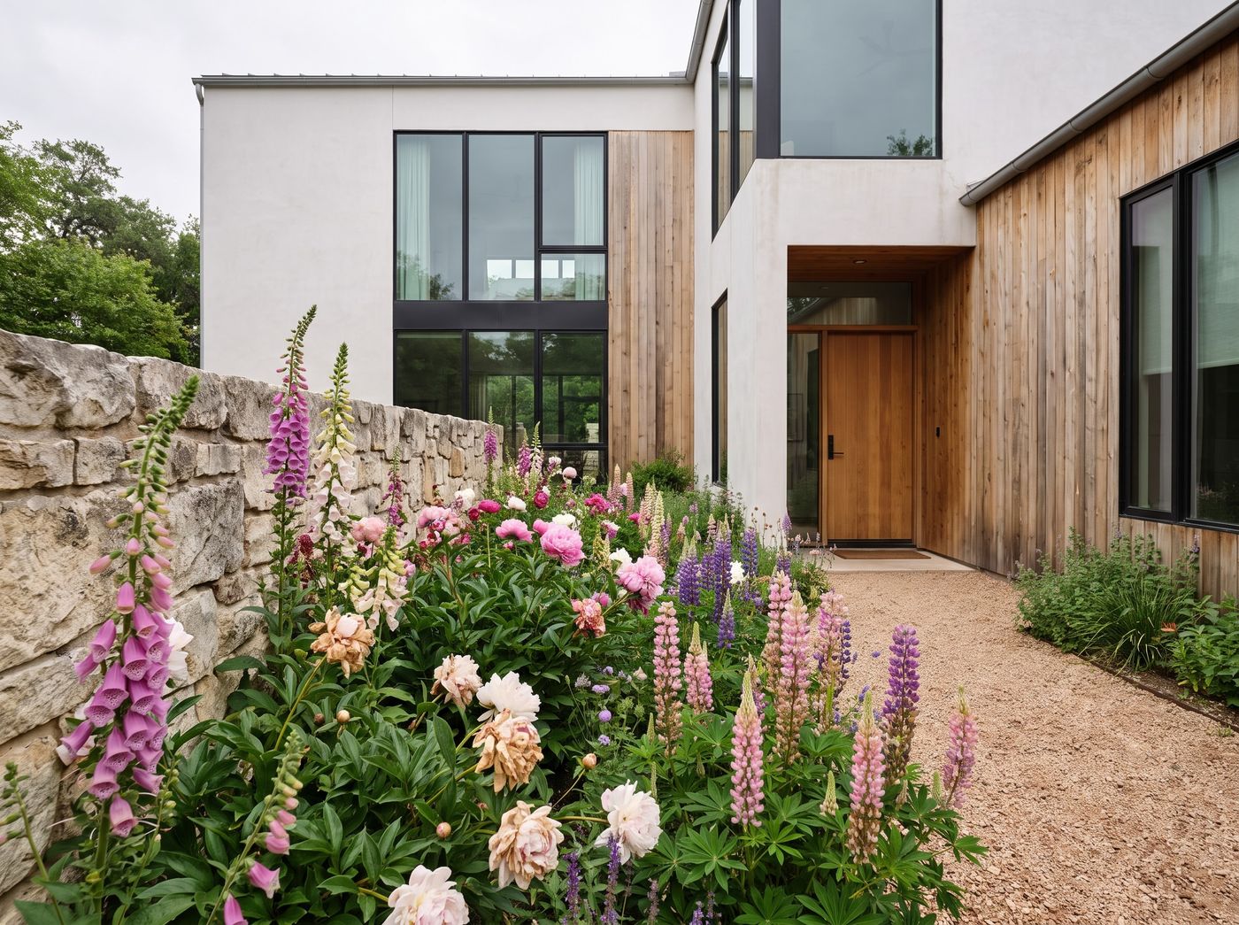 Cottage Flower Beds Along Stone Wall