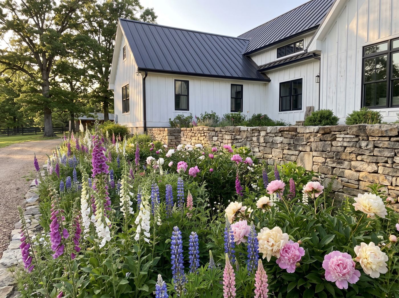 Flower Beds Along Stacked Stone Wall