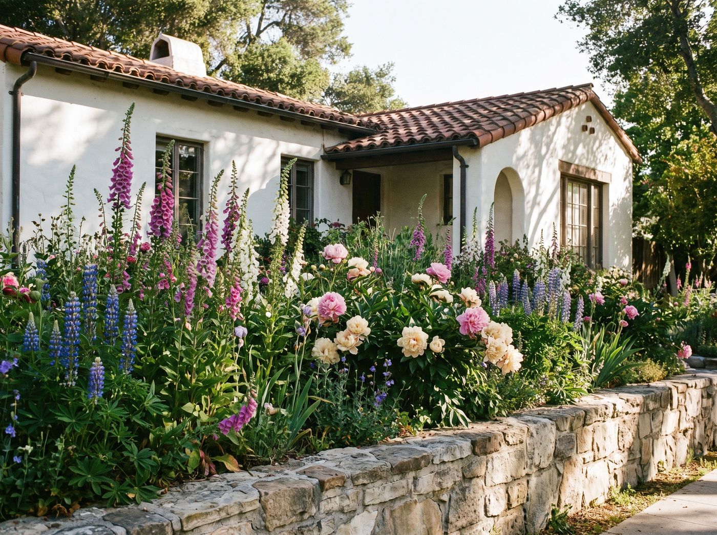 Foxgloves and Peonies Along Stone Wall