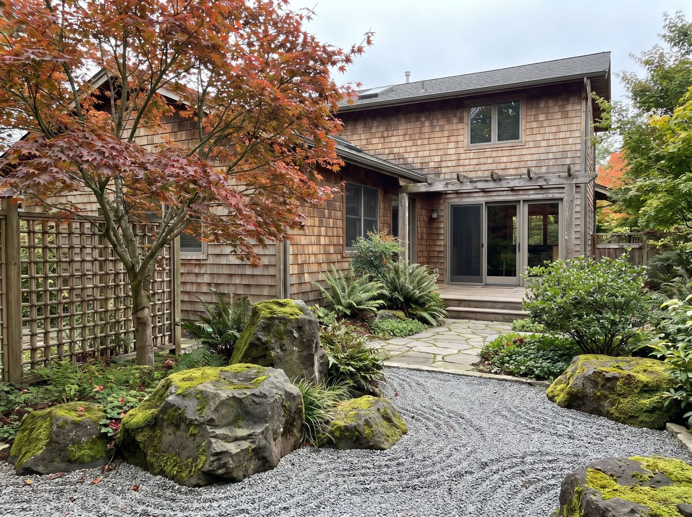 Japanese Rock Garden with Mossy Boulders
