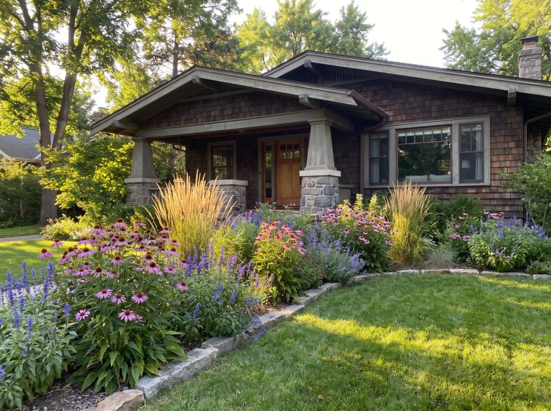 Perennial Border Beside Shingled Bungalow Lawn