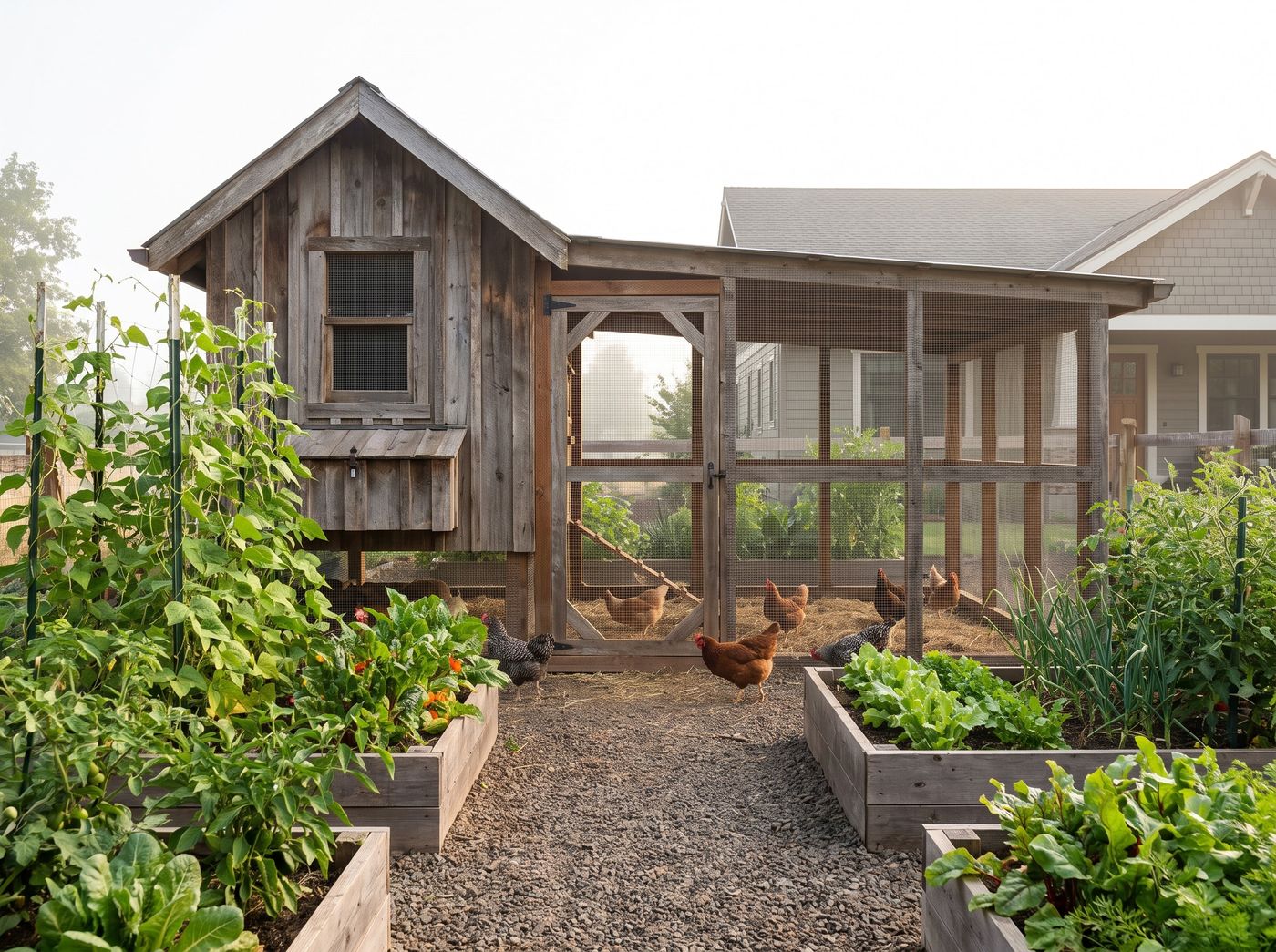 Rustic Chicken Coop in Raised Vegetable Garden