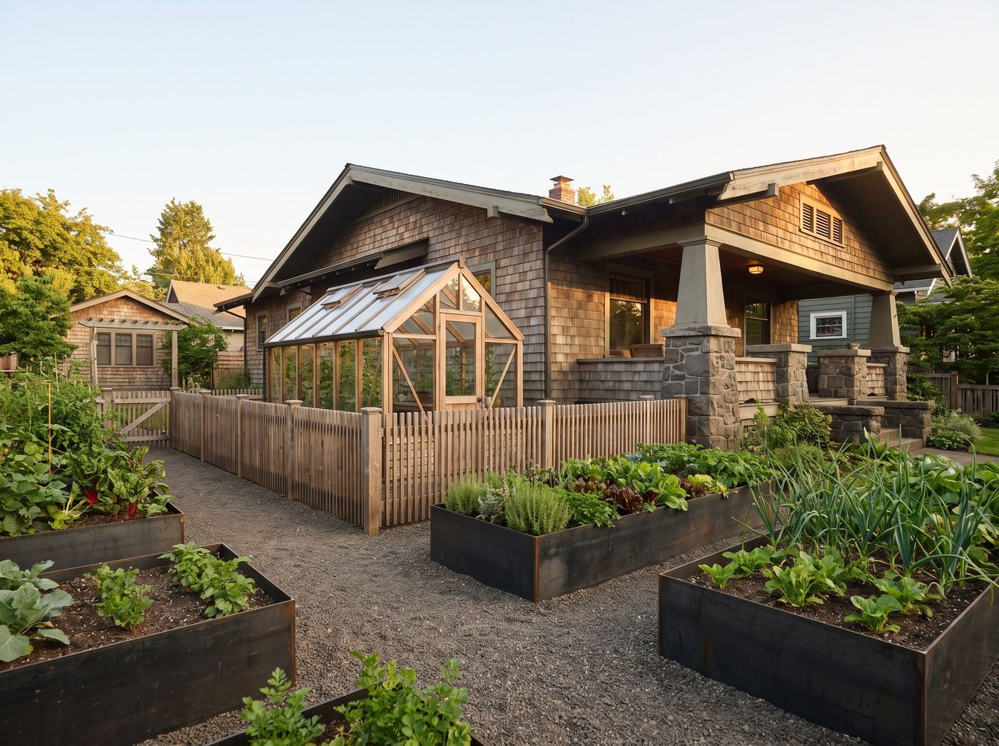 Steel Raised Beds Beside Backyard Greenhouse