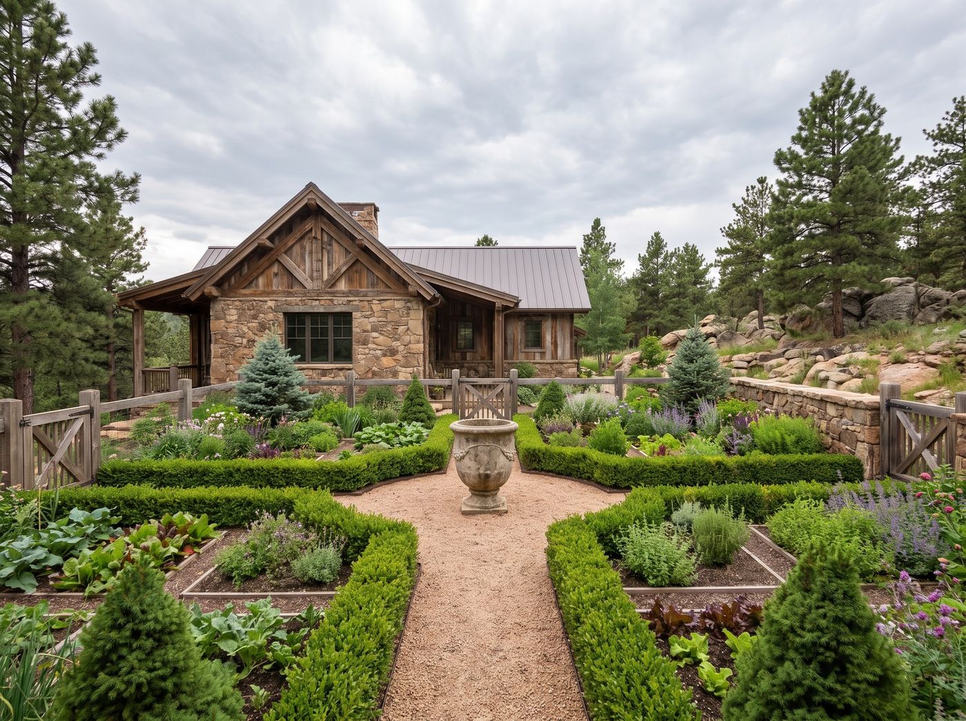 Symmetrical Potager Garden with Stone Urn
