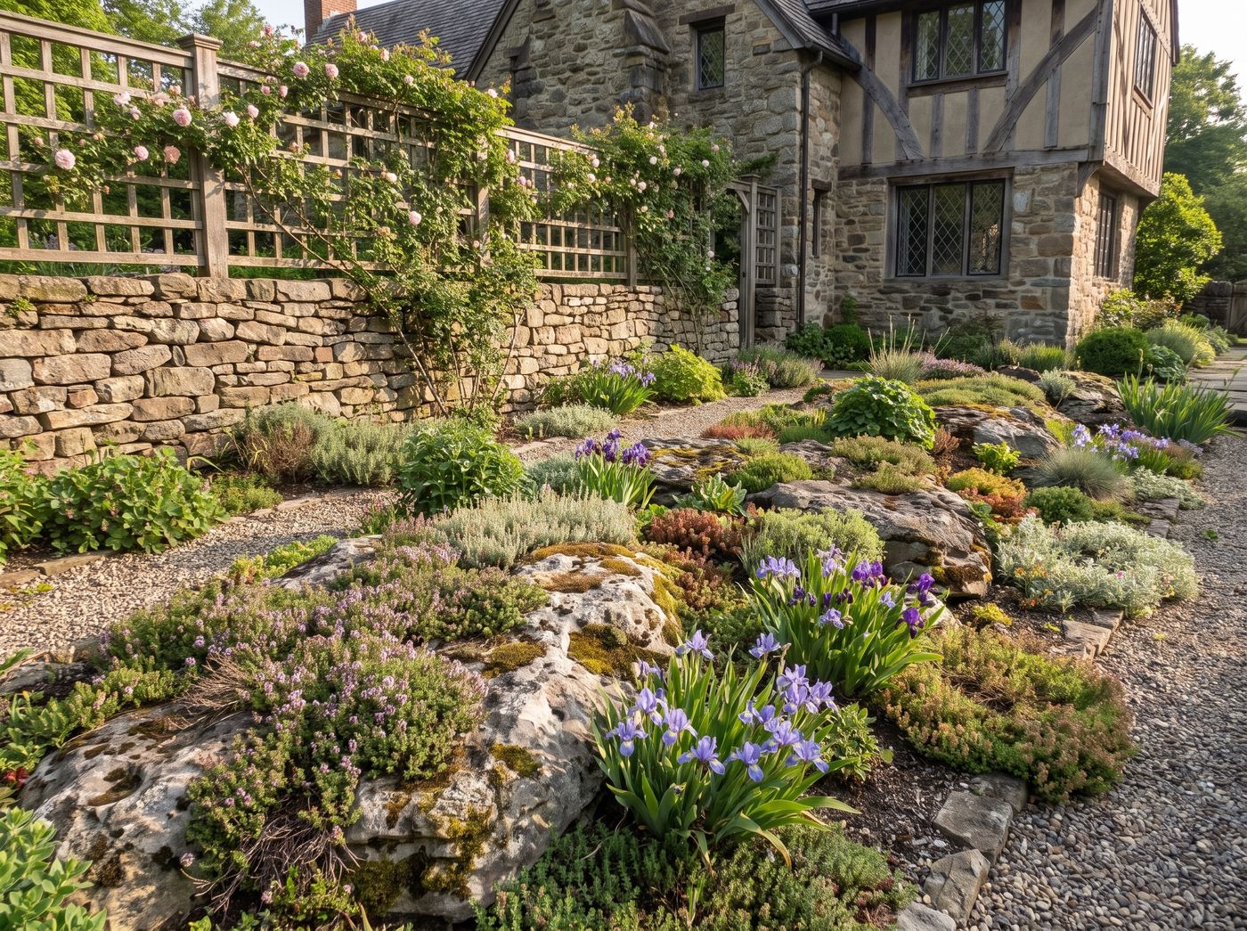 Terraced Rock Garden with Timber Trellis