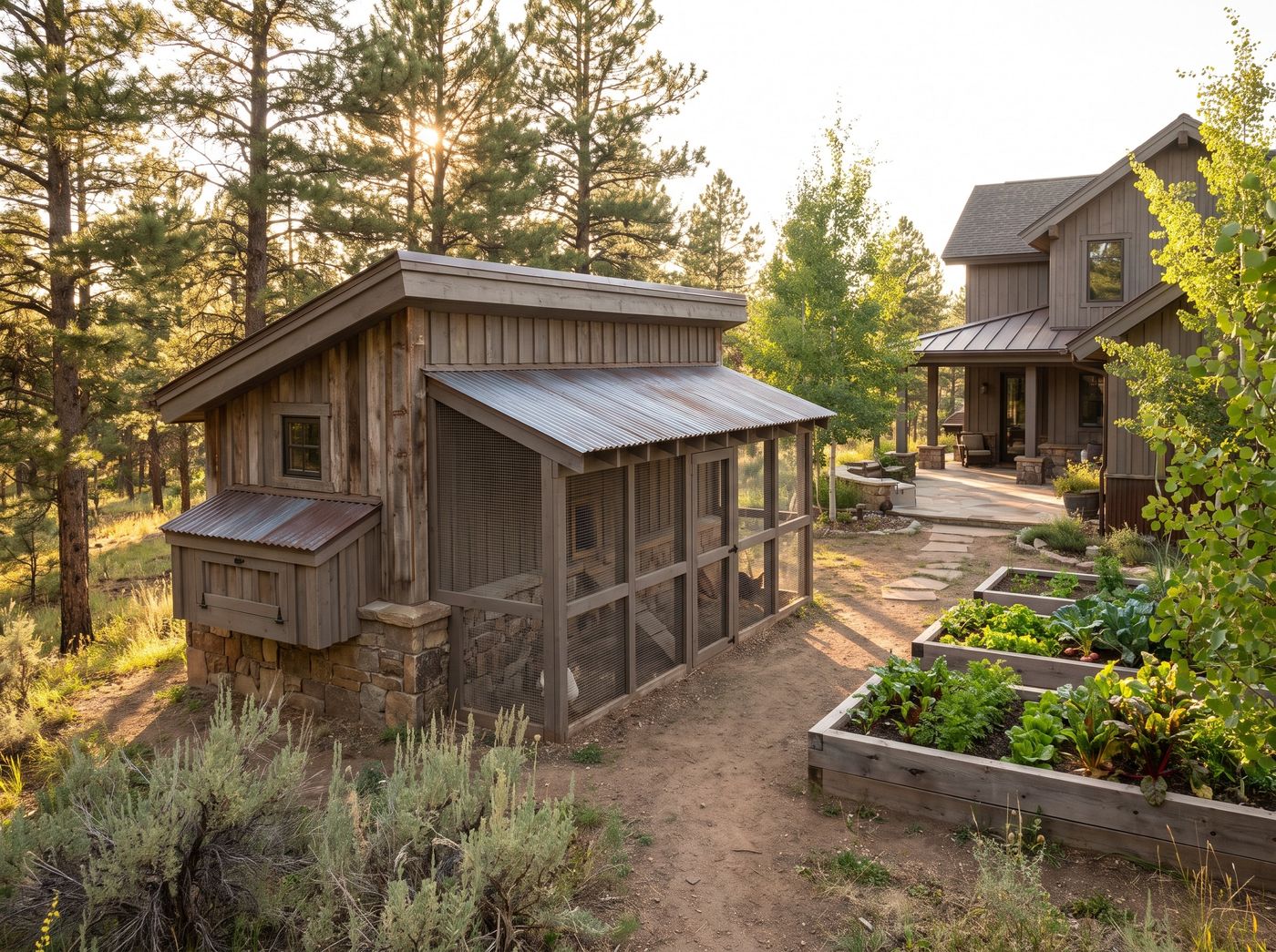 Timber Chicken Coop Beside Raised Beds