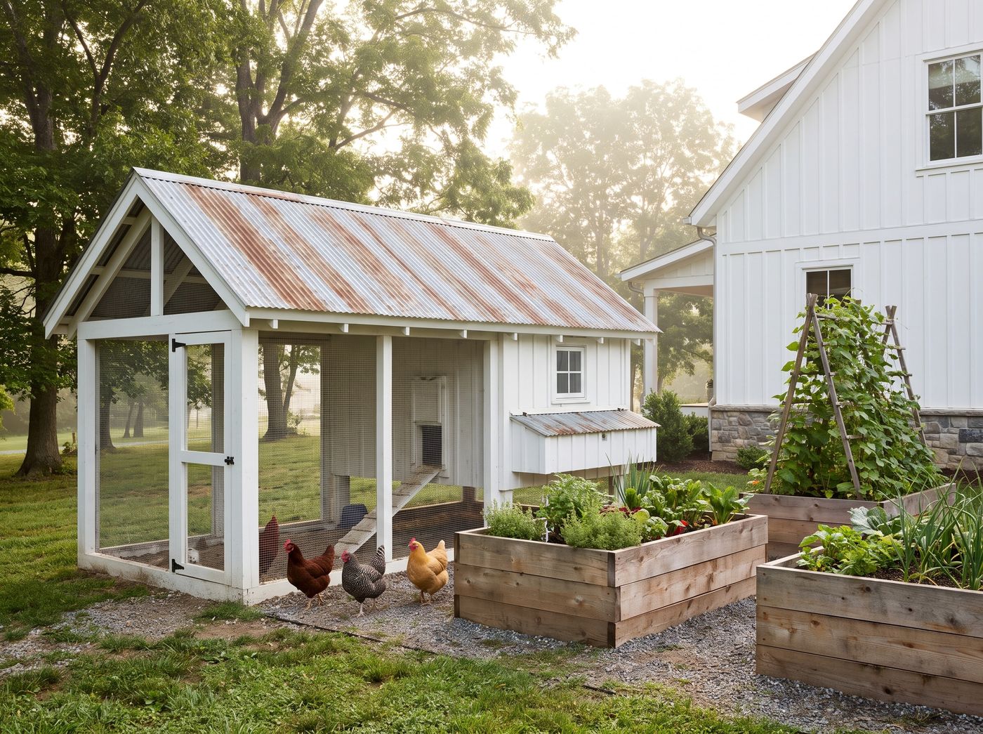 White Chicken Coop Beside Wooden Raised Beds