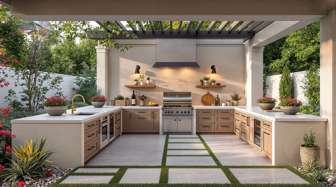 U-Shaped Kitchen Under a Slatted Pergola