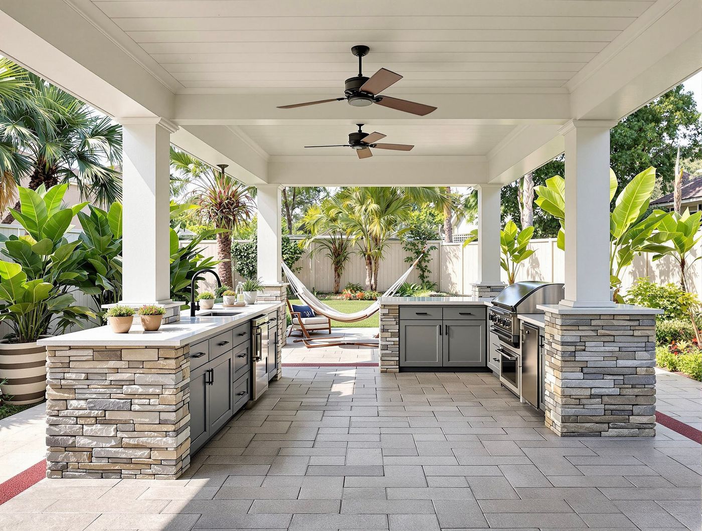 Covered Kitchen with Palm Landscaping