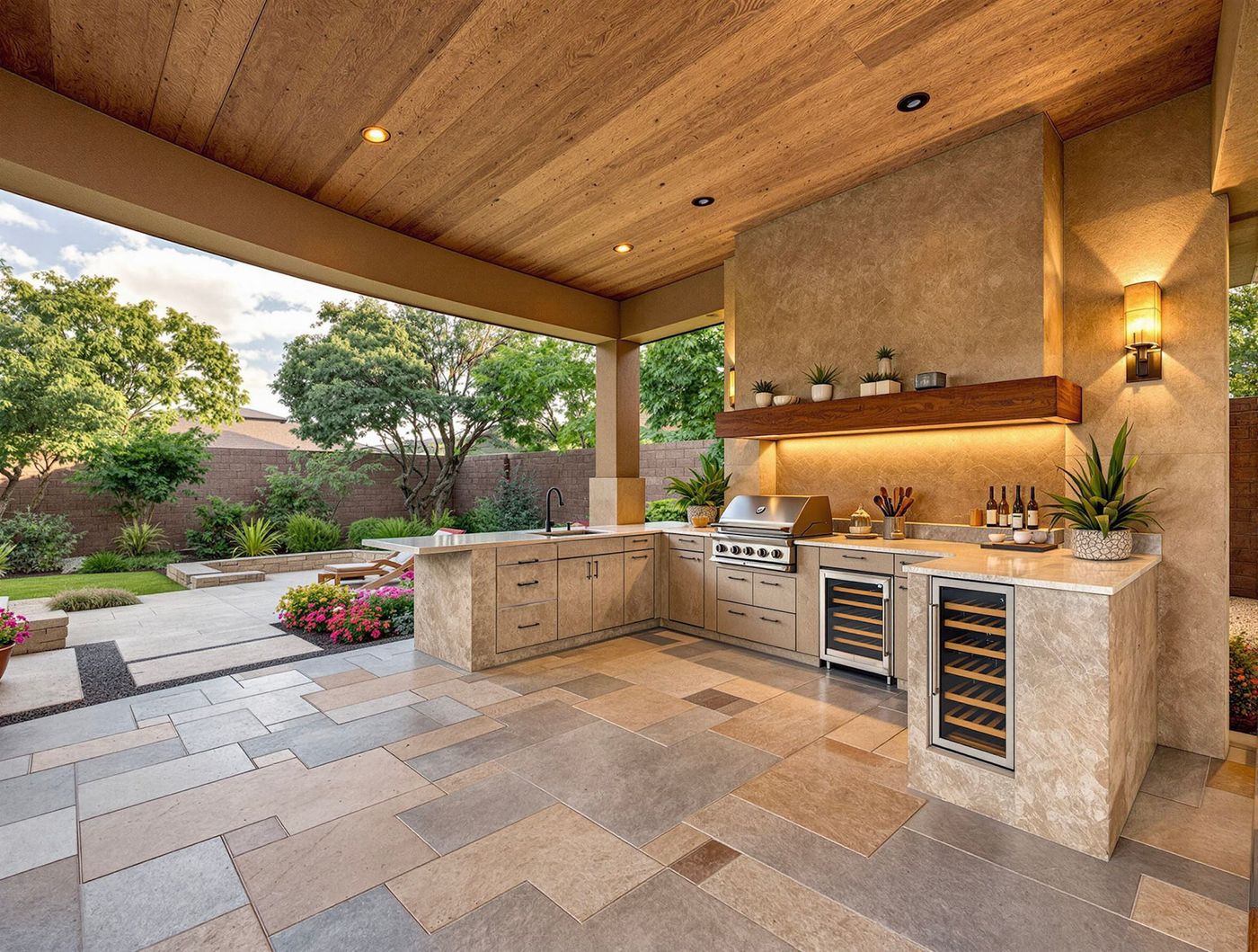 Curved Wood Ceiling Outdoor Kitchen