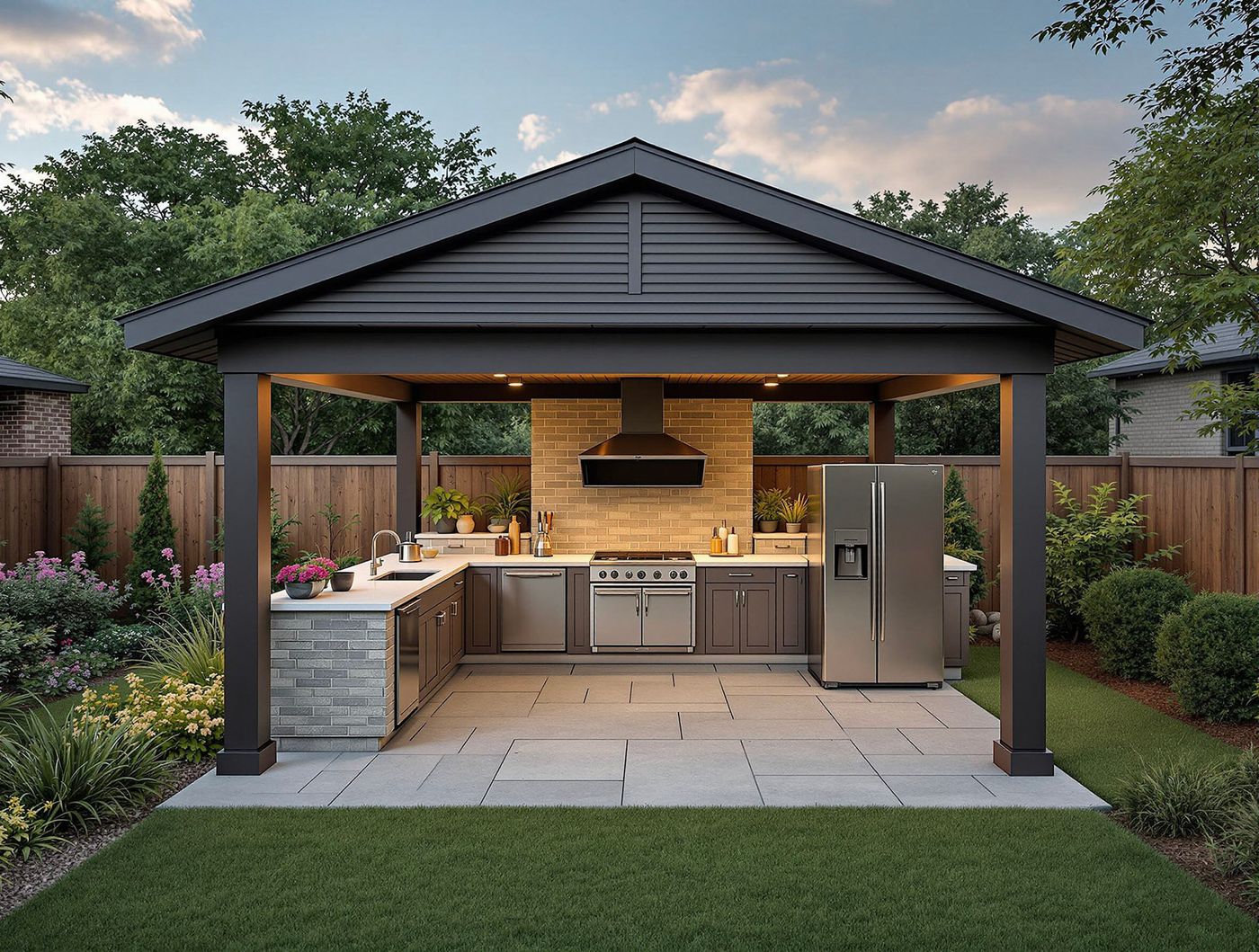 Gable-Roof Kitchen with Stainless Refrigerator