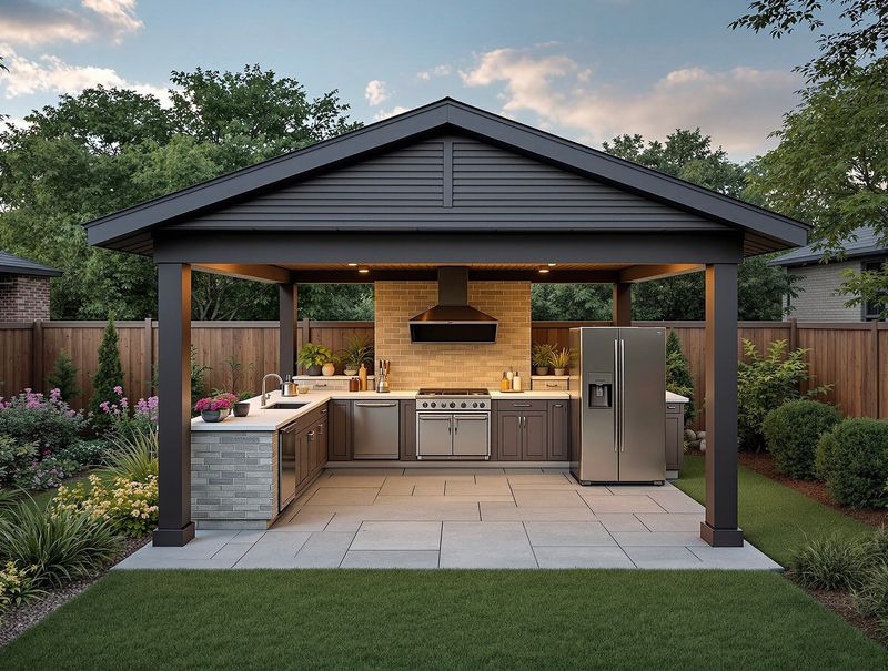 Gable-Roof Kitchen with Stainless Refrigerator
