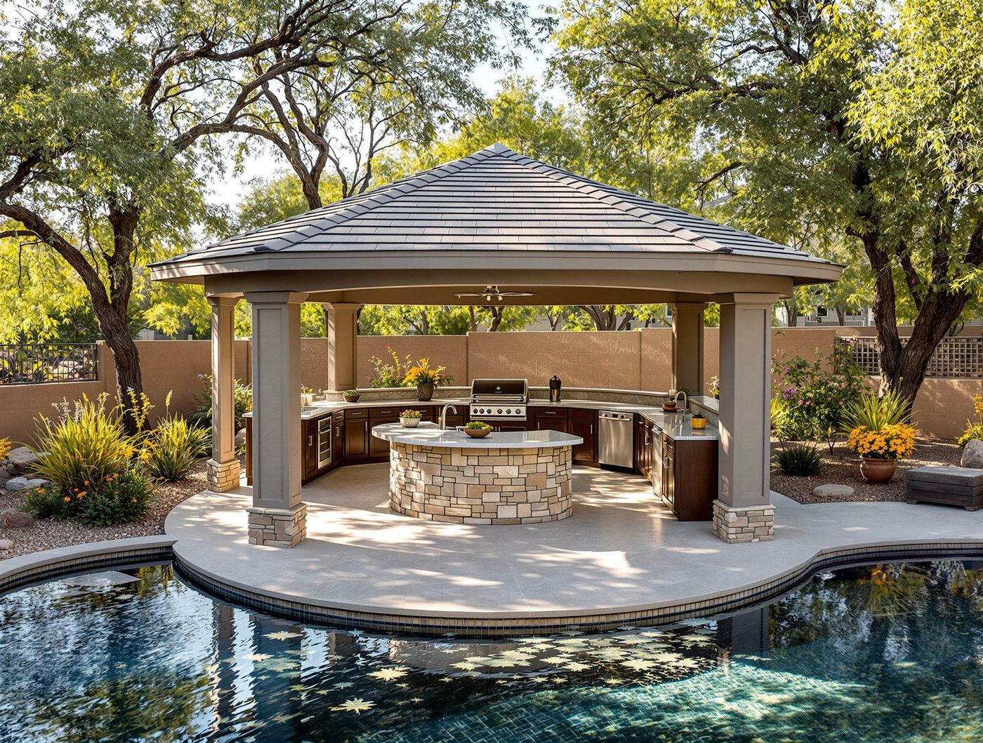 Round Stone Island Kitchen Beside the Pool