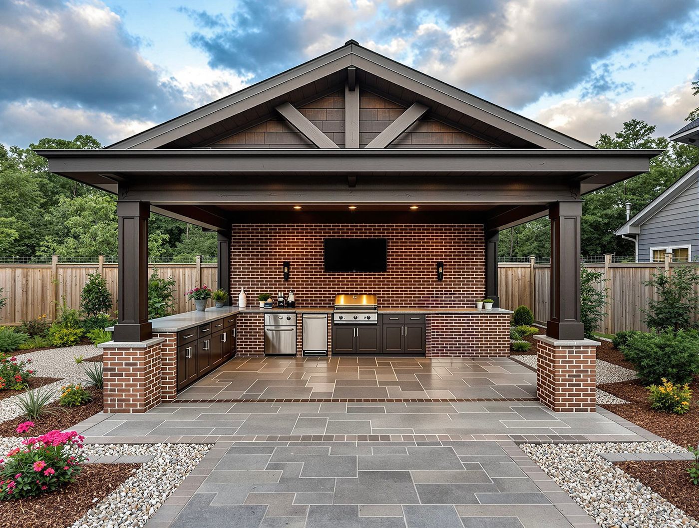 Brick-Pillared Kitchen with Mounted Television