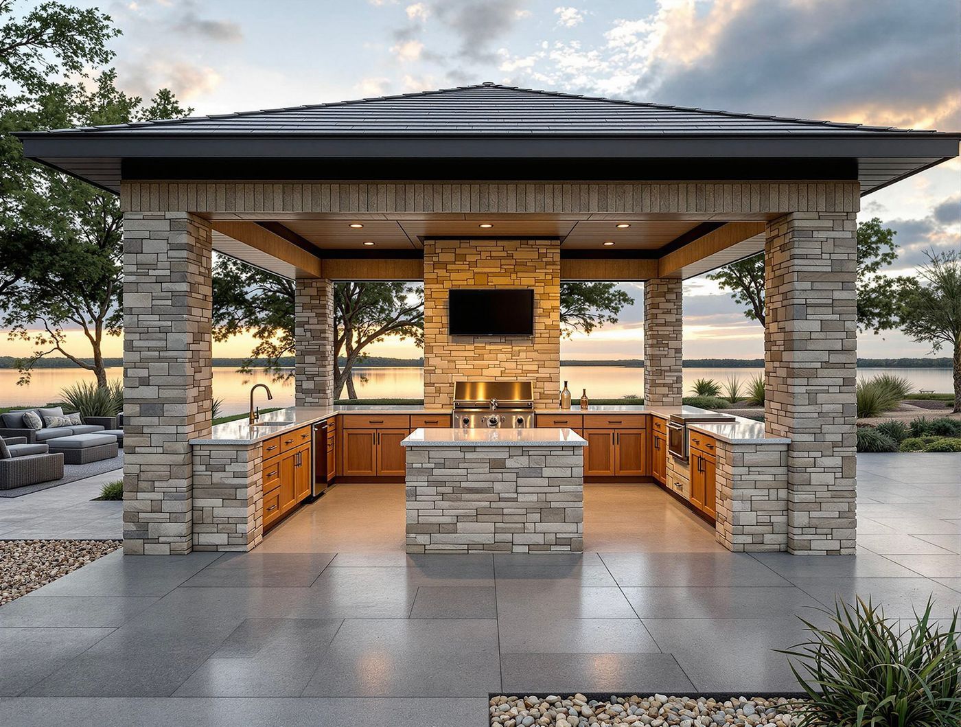 Stone-Pillared Kitchen Overlooking the Lake