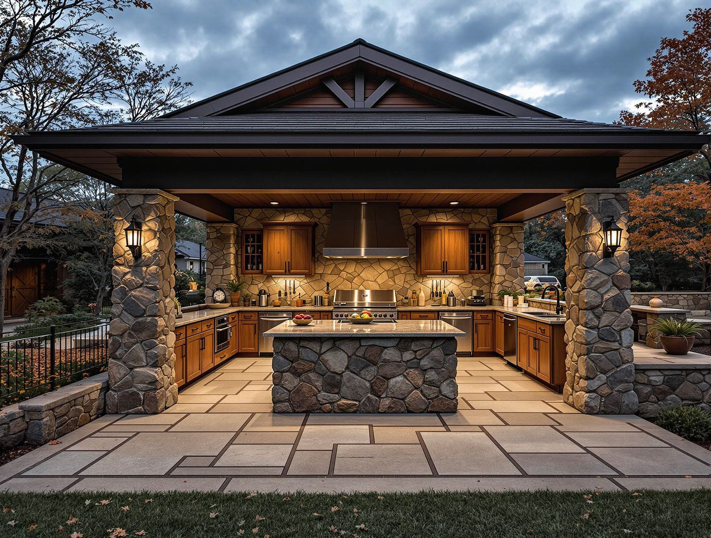 Craftsman Kitchen with Stacked-Stone Columns