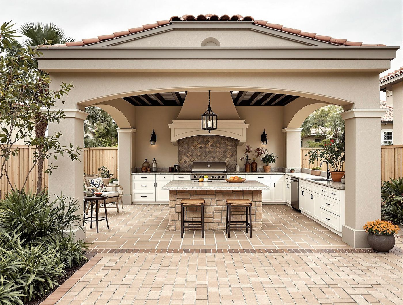 Mediterranean Kitchen with Tile Roof and Arches