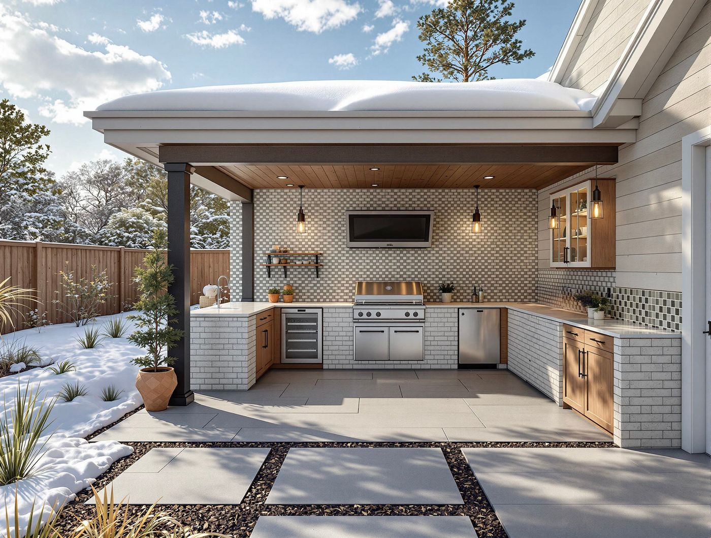 White Subway Tile Kitchen Under Snowy Roof