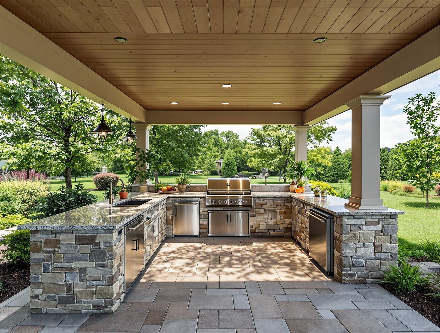 Stone Island Kitchen with White Columns