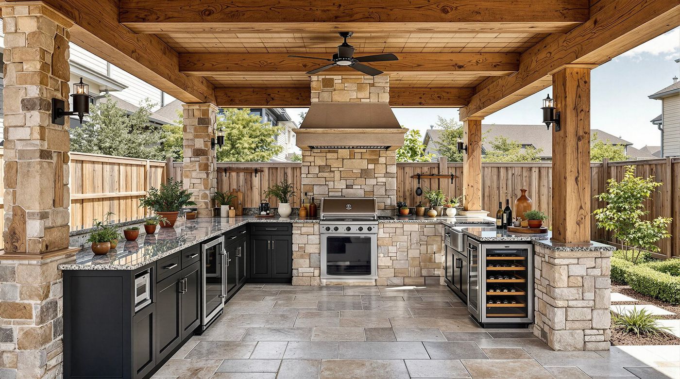 Stone Kitchen with Wood Beams and Lake View
