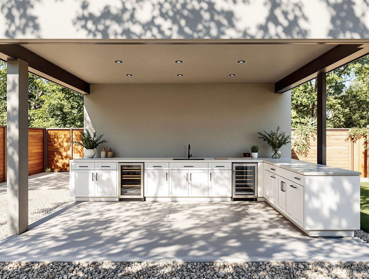 Minimalist White Kitchen with Dual Wine Fridges