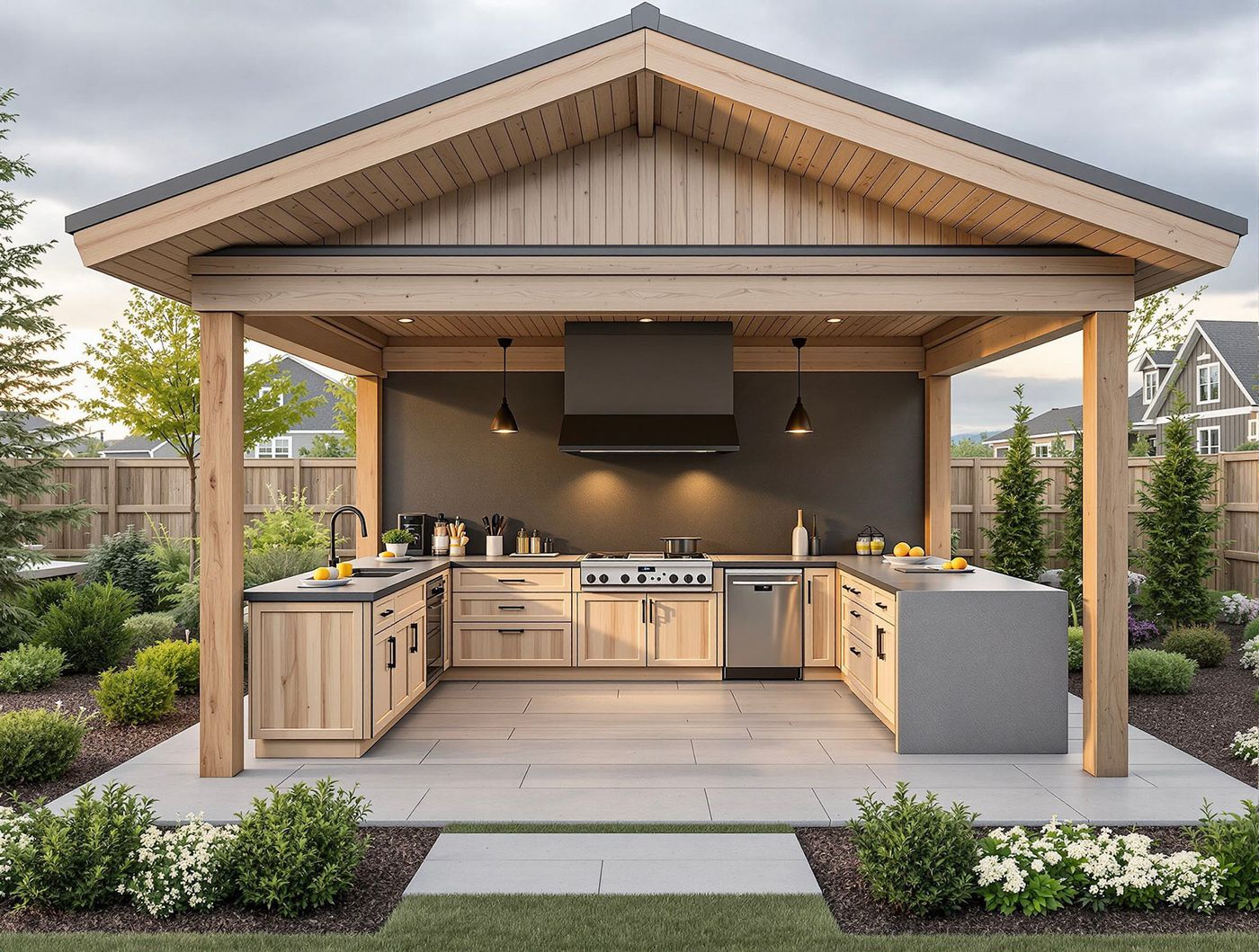 Gable-Roof Kitchen with Black Tile Backsplash