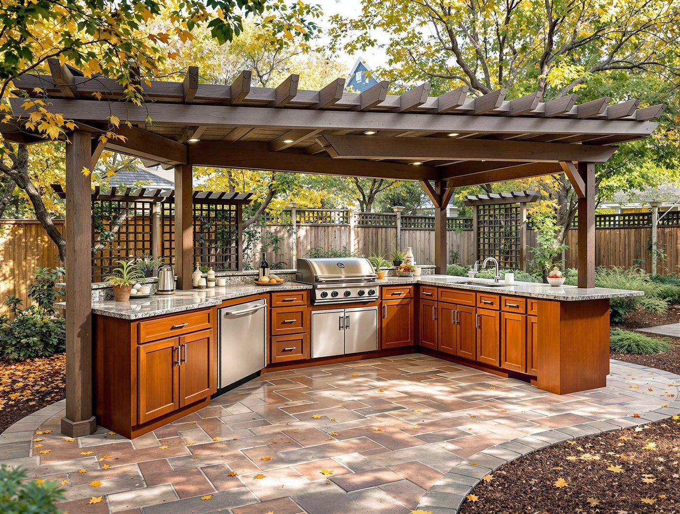 Wood Pergola Kitchen with Granite Counters
