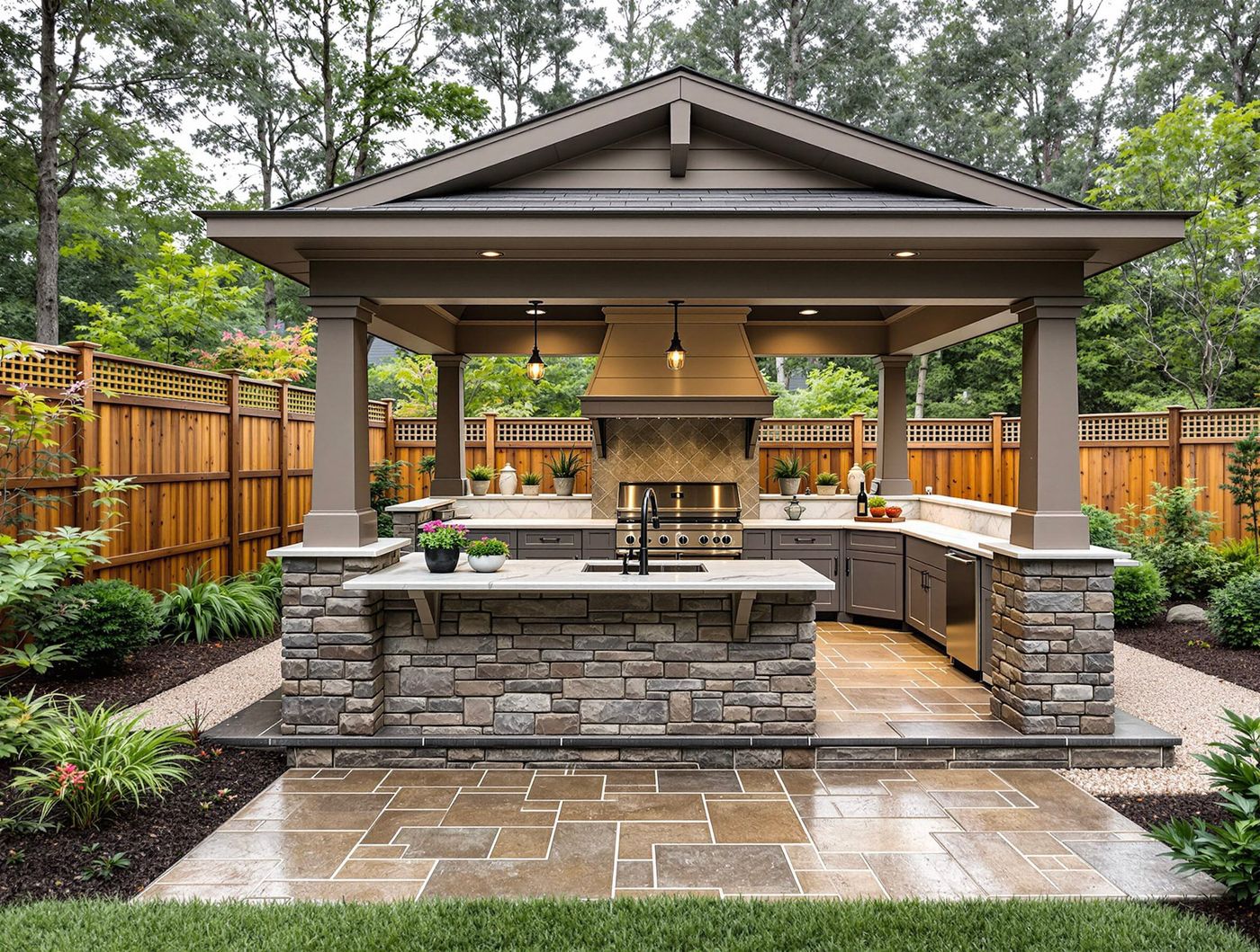 Stone-Columned Kitchen with Diamond Tile Backsplash