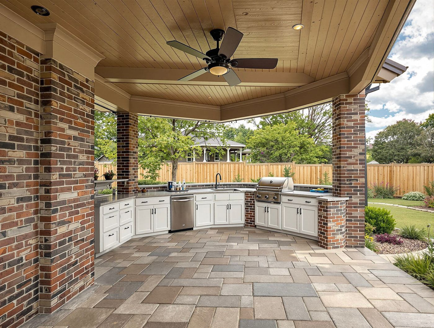 Brick Pillar Kitchen with White Cabinets and Fan