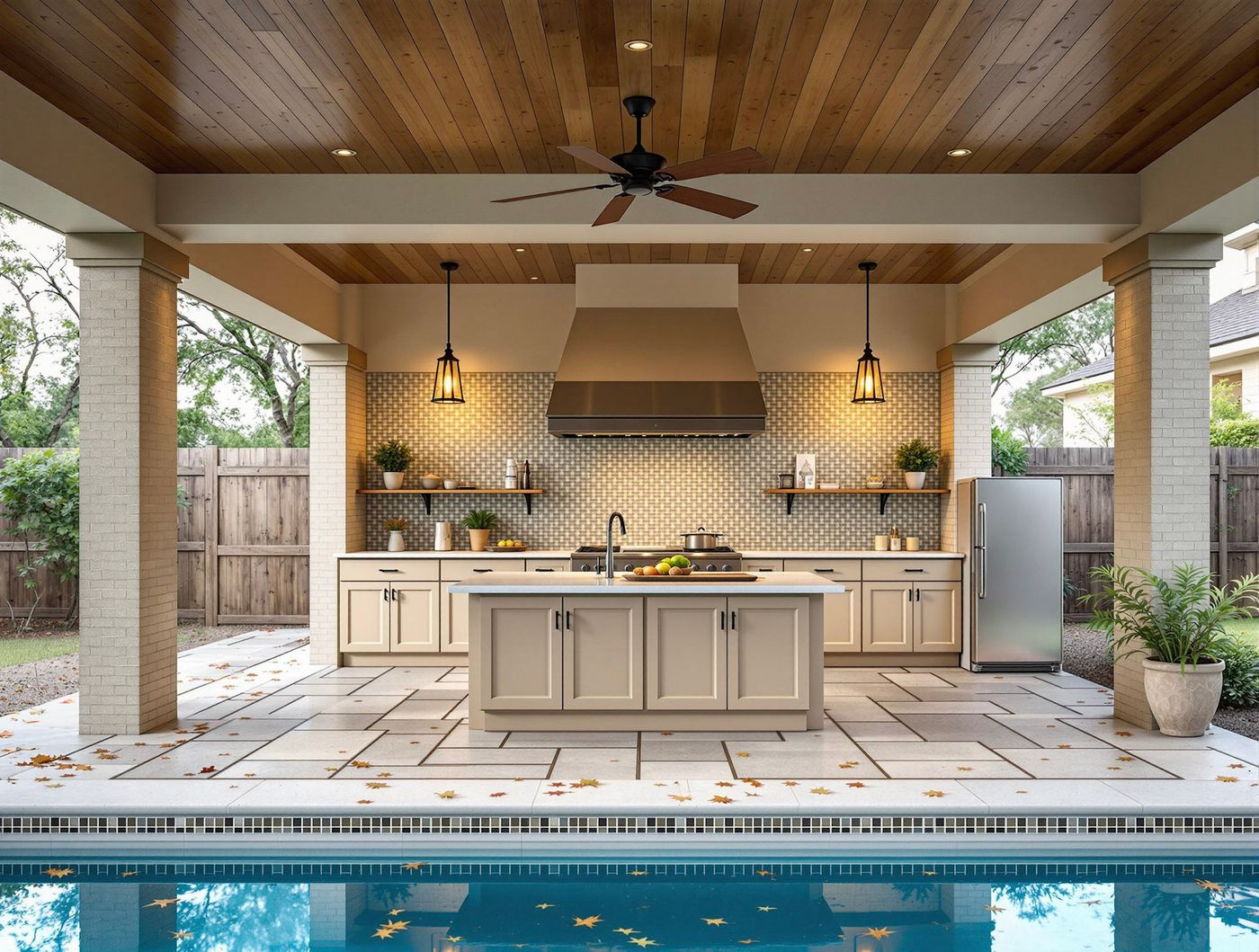 Cream Cabinet Kitchen with Wood-Plank Ceiling