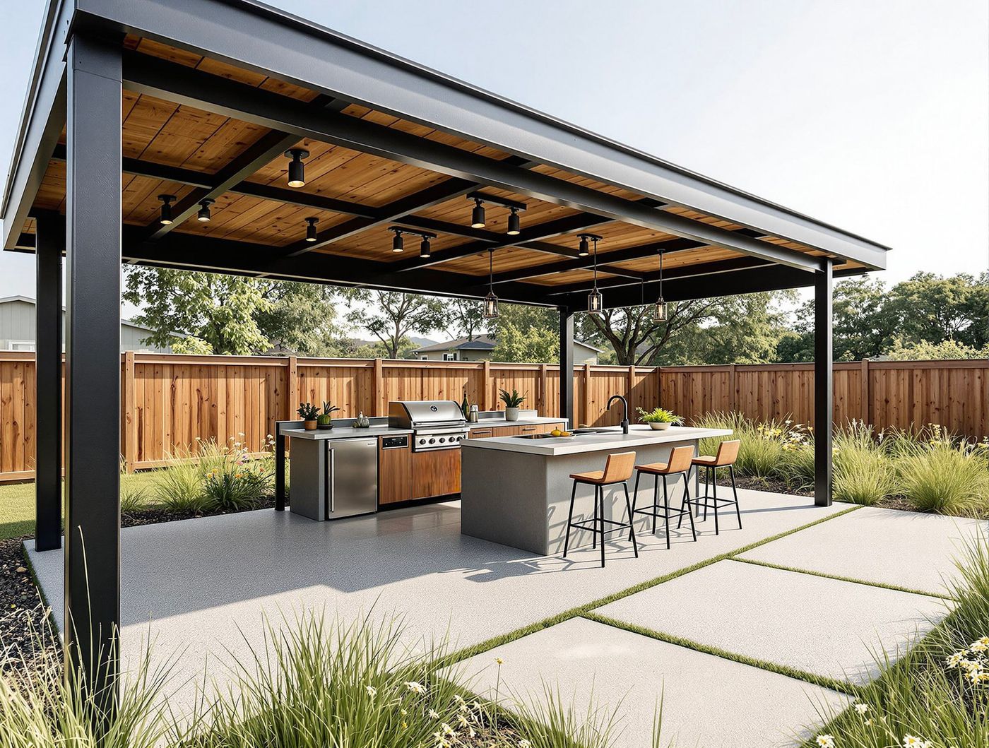 Black Steel Kitchen with Wood-Plank Ceiling Accent