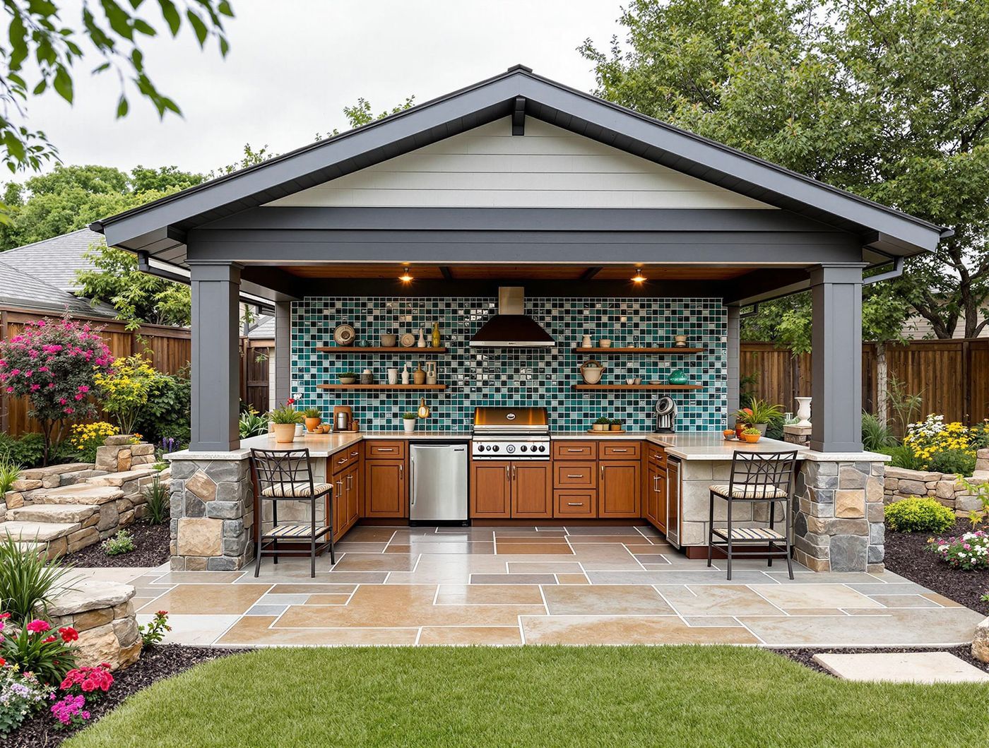 Craftsman Kitchen with Teal Mosaic Backsplash