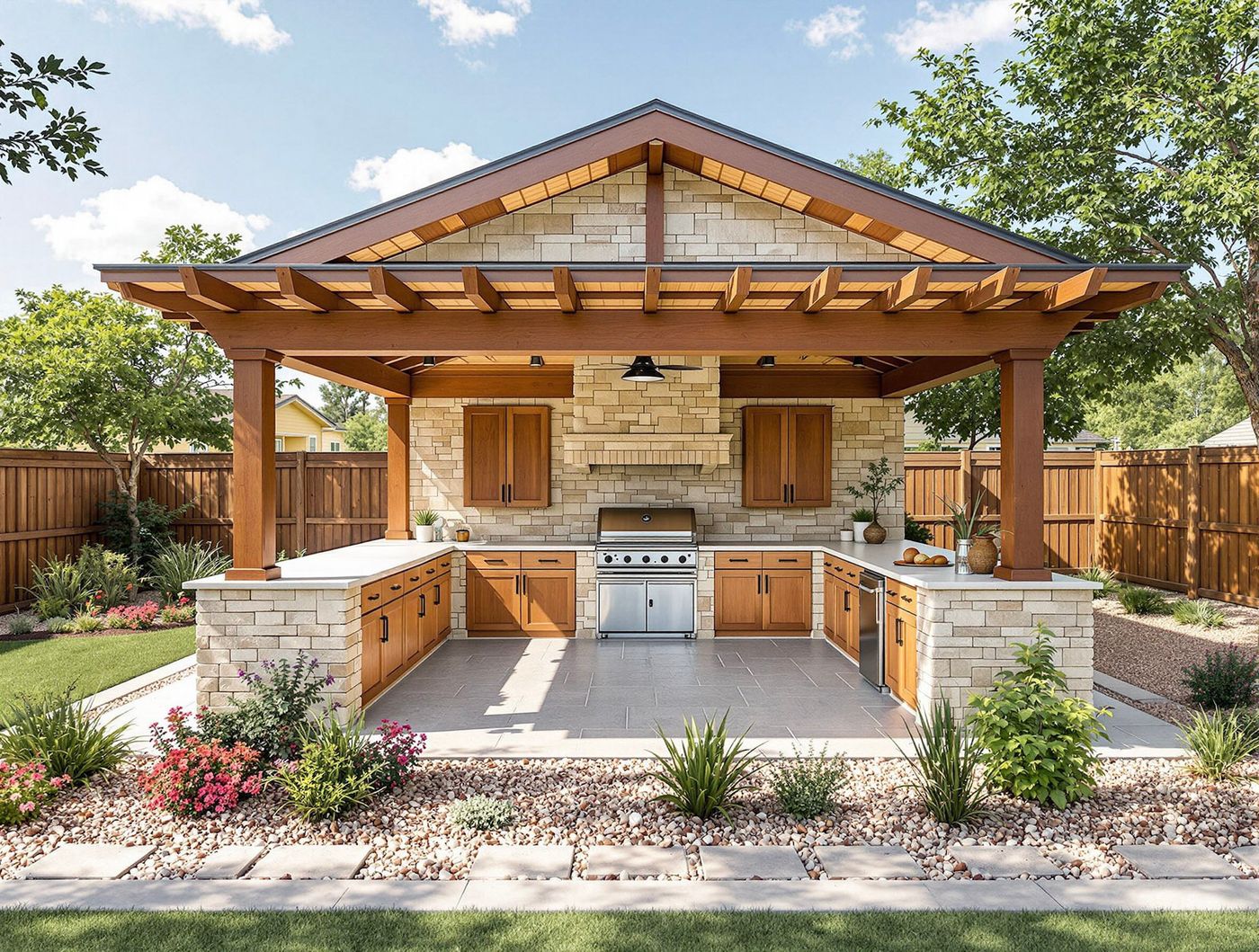 Stone and Cedar Outdoor Kitchen Pavilion