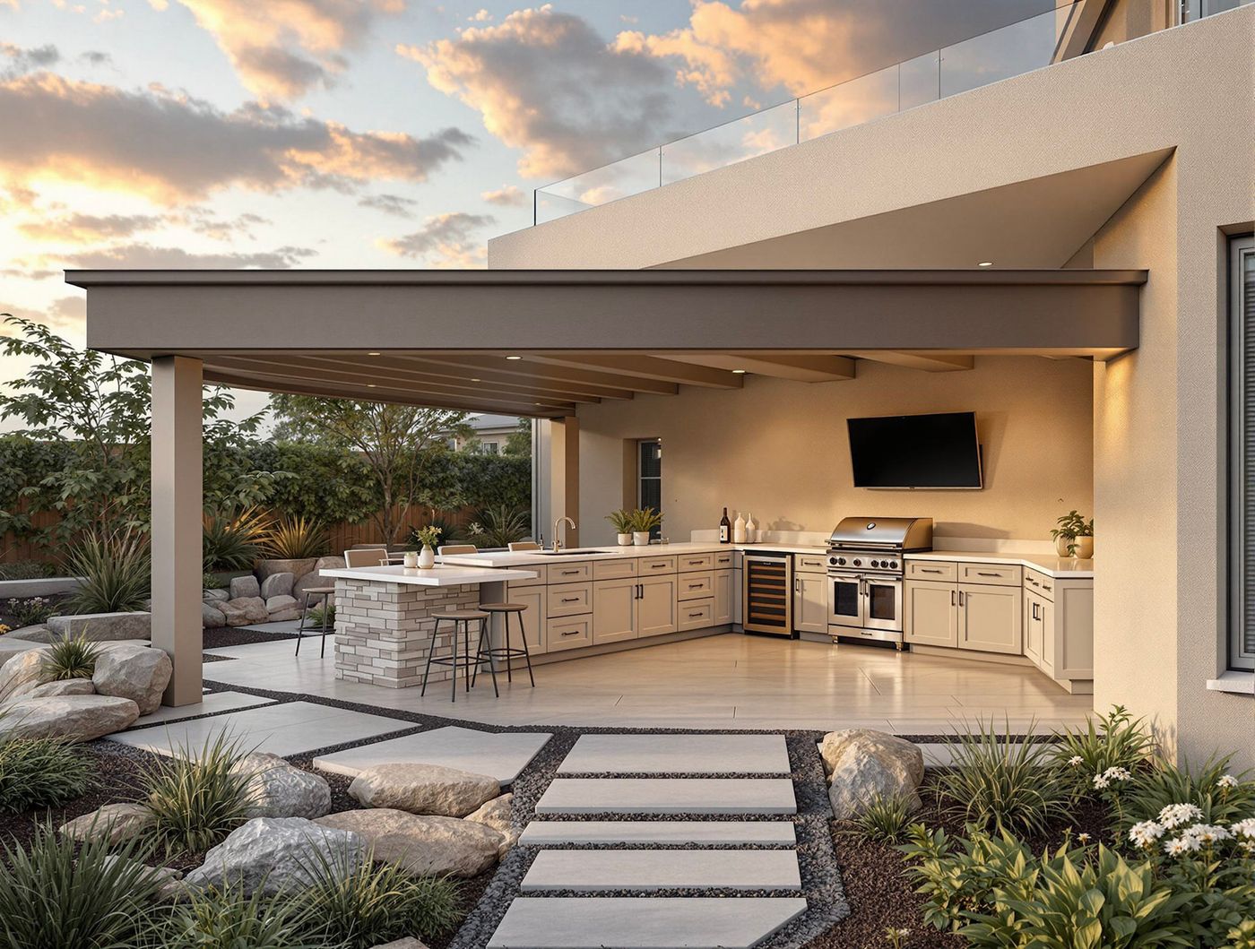 Modern Cantilevered Kitchen with Sunset Sky