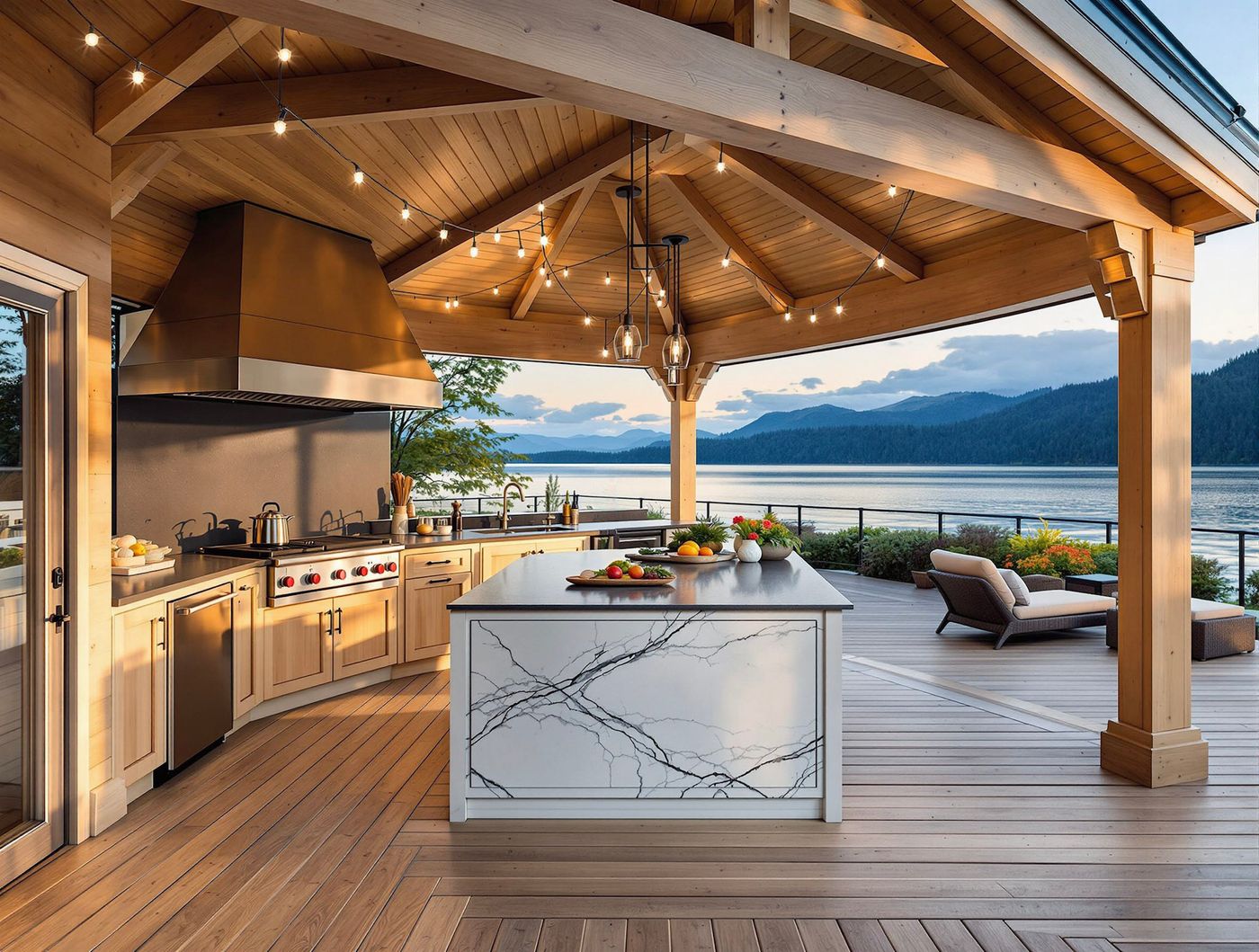 Timber-Frame Kitchen Overlooking Mountain Lake