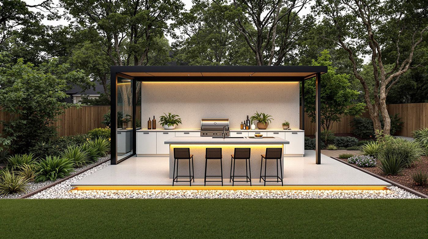 Minimalist White Kitchen Under Black Pergola