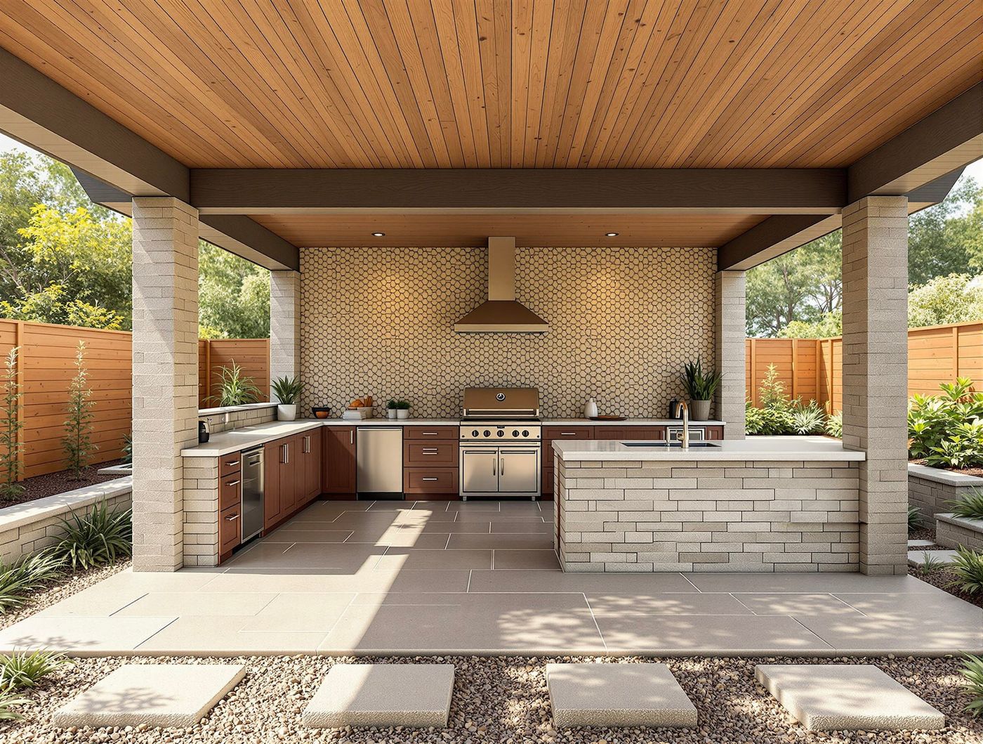Wood-Ceiling Kitchen with Penny Tile Backsplash