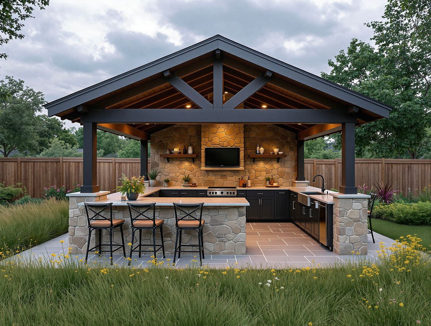 Stone-Walled Pavilion Kitchen with Mounted TV