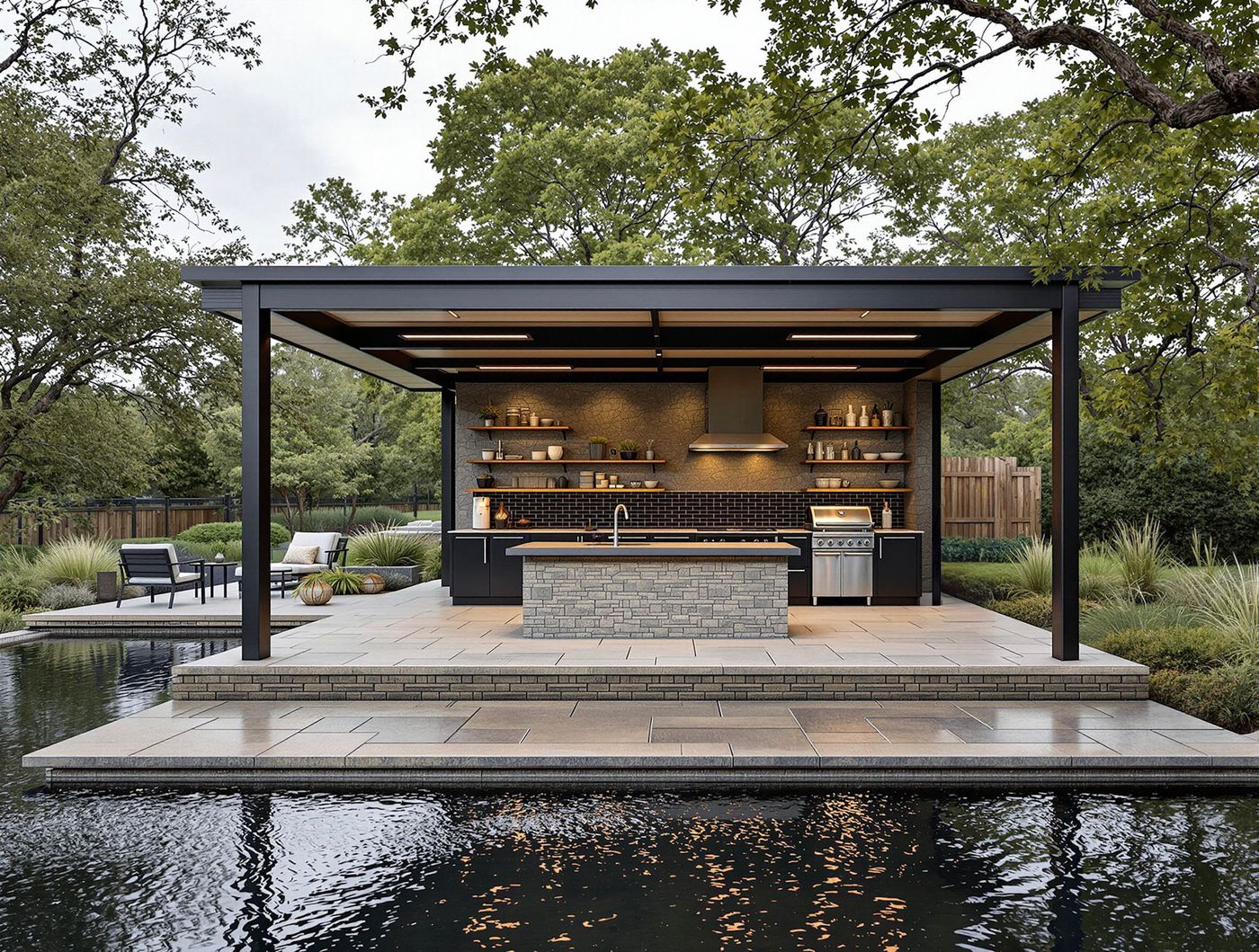 Black Steel Pergola Kitchen Beside Reflecting Pool