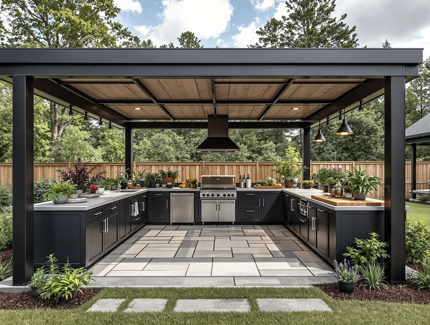 Black Modern Pergola Kitchen with Wood-Slat Roof