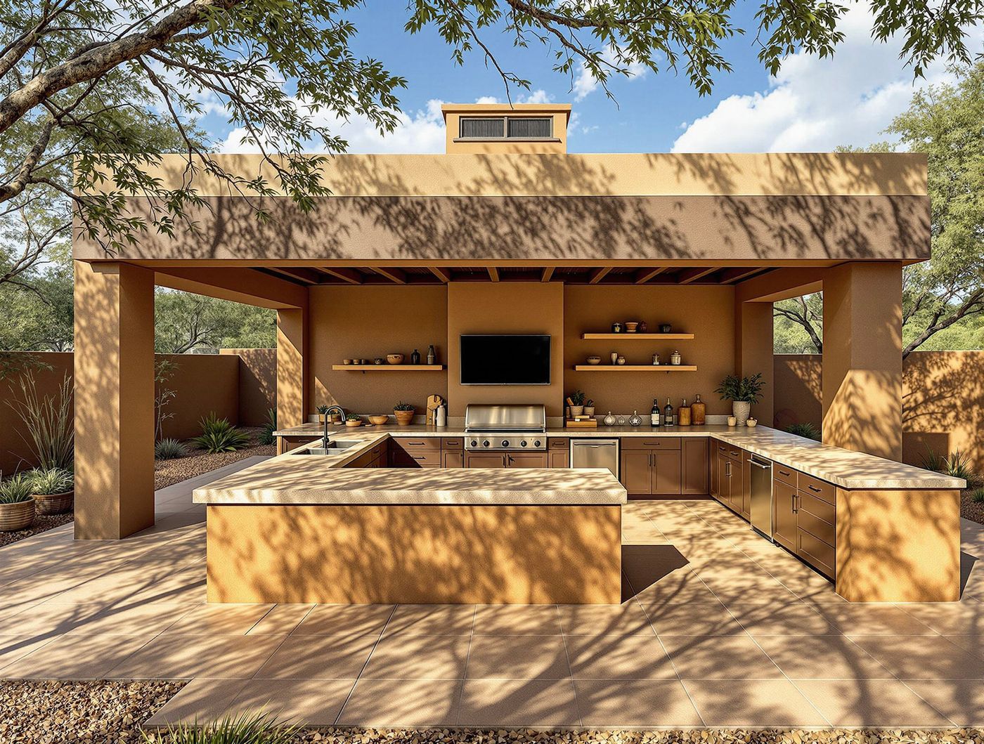 Southwestern Adobe Kitchen with Dappled Shade