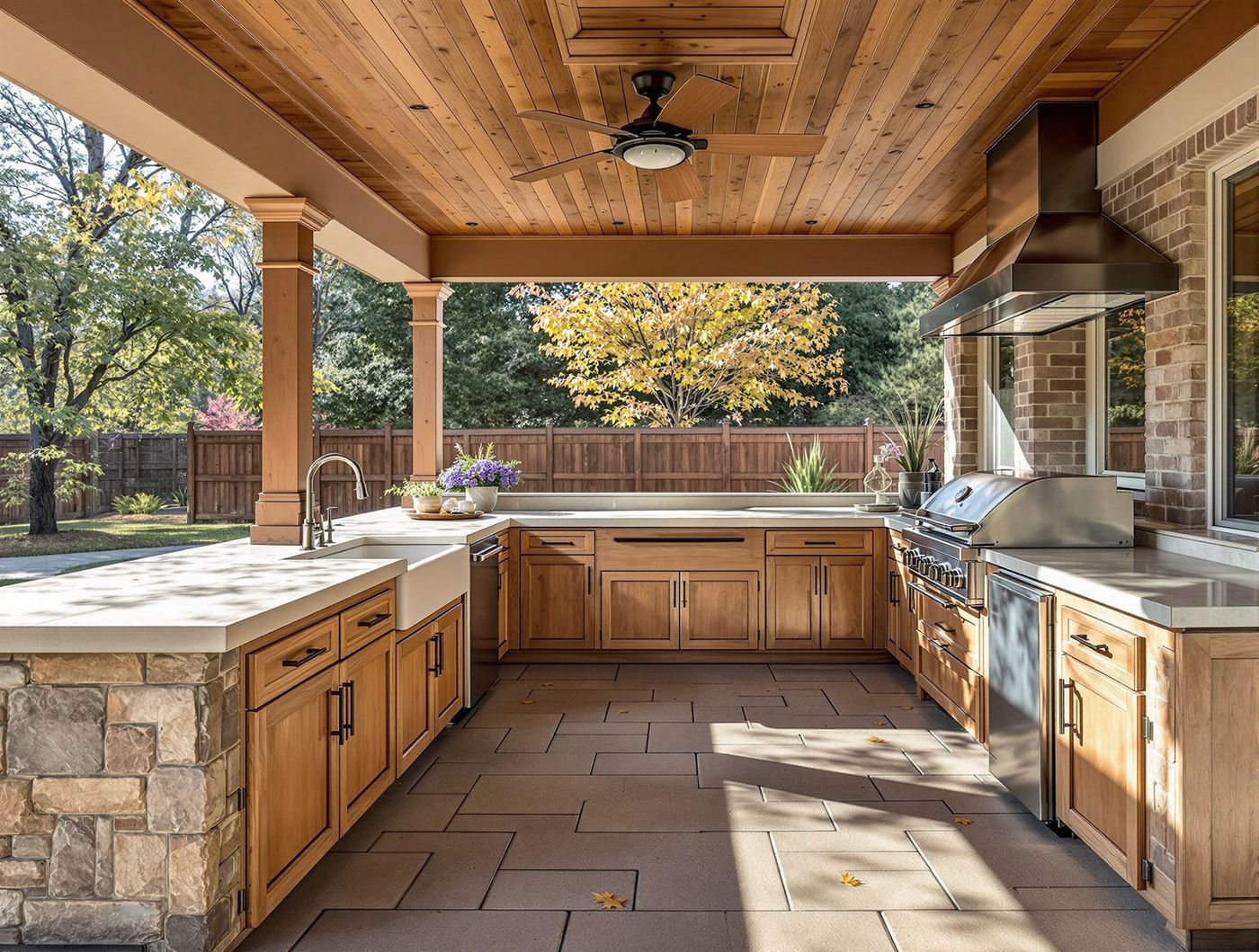 Farmhouse-Style Kitchen with Wood Plank Ceiling