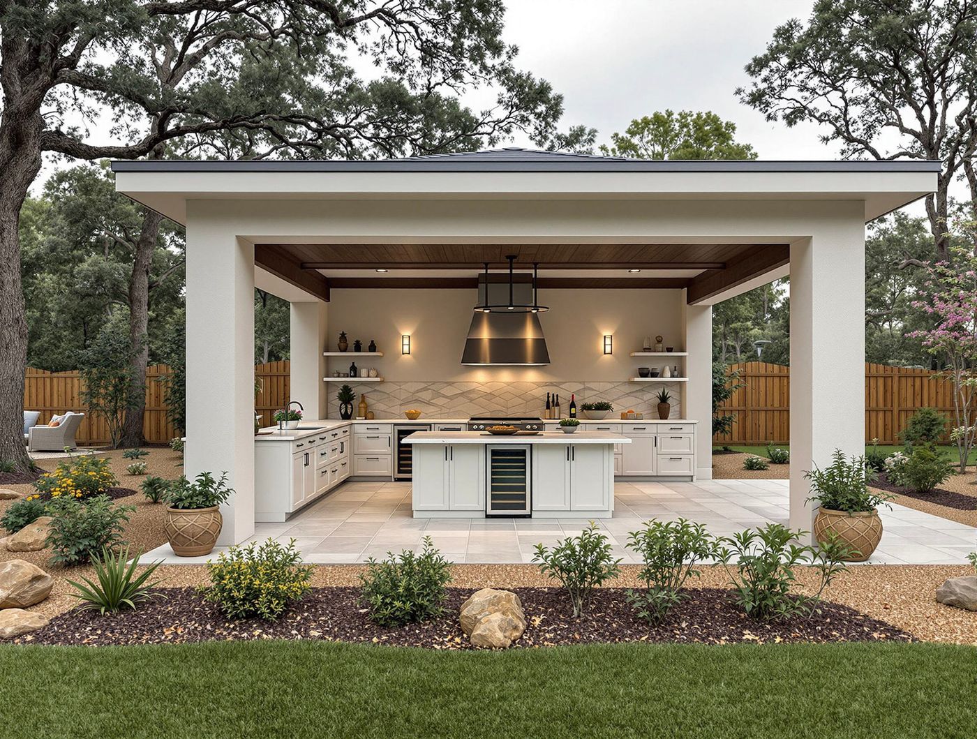 White Pavilion Kitchen with Wood Ceiling Accent