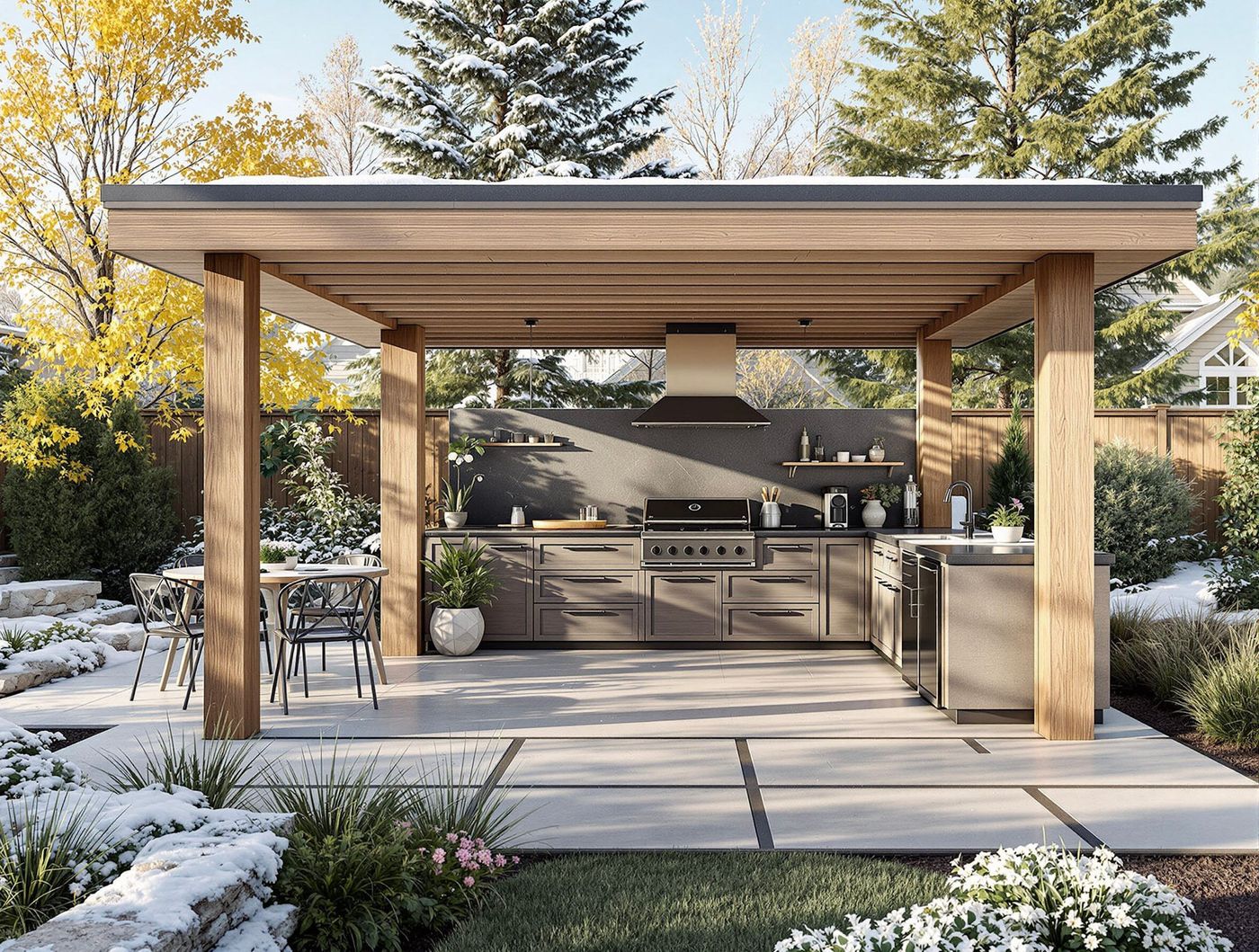 Wood Pergola Kitchen in Snowy Autumn Garden