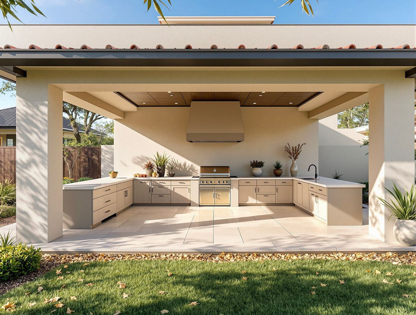 Cream Stucco Kitchen Under Terracotta Tile Roof
