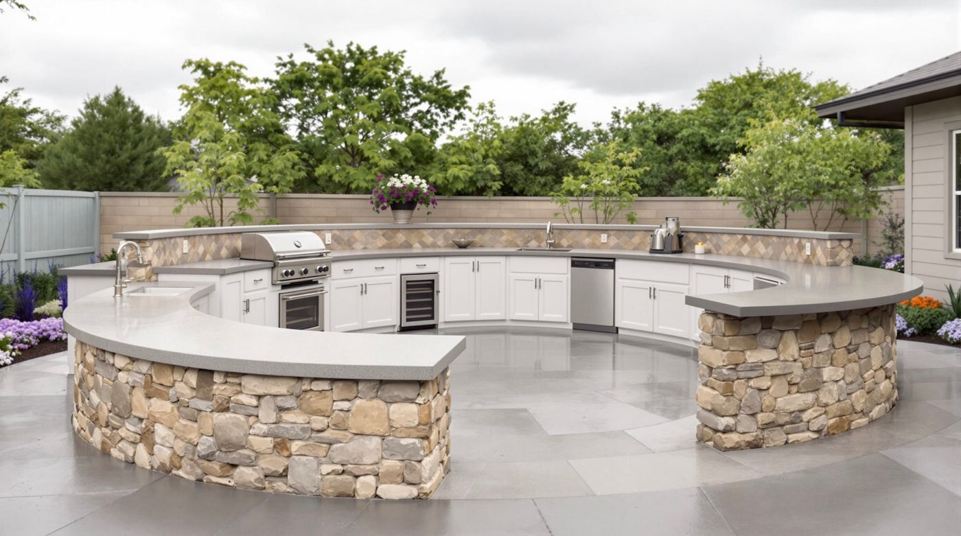 Curved Stone-Base Kitchen with White Cabinetry