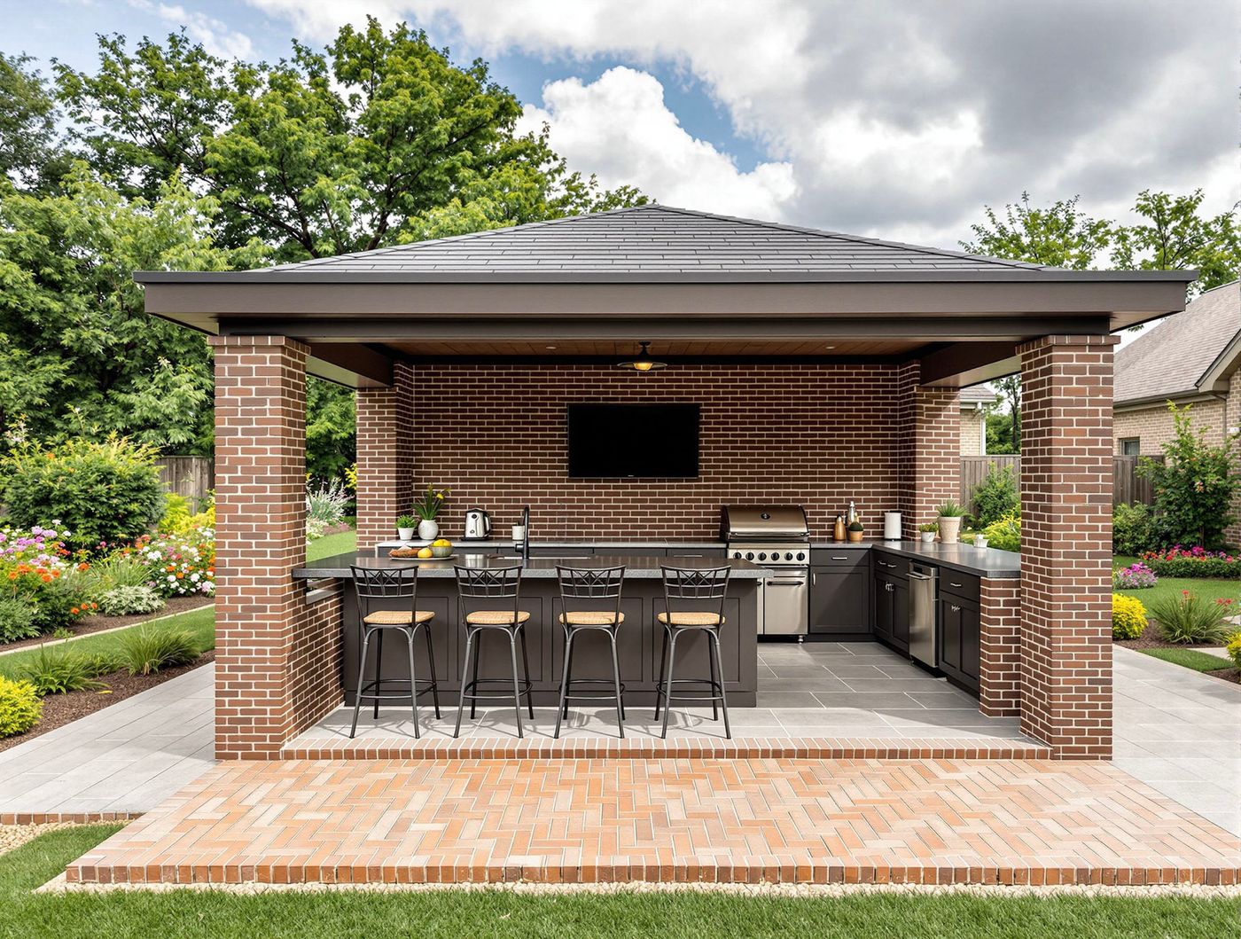 Brick Pavilion Kitchen with Herringbone Paver Floor