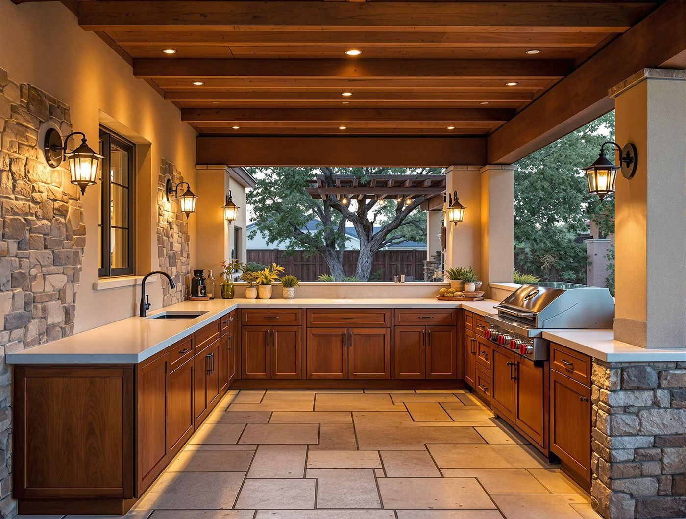 Stone Accent Wall Kitchen with Wall Sconces
